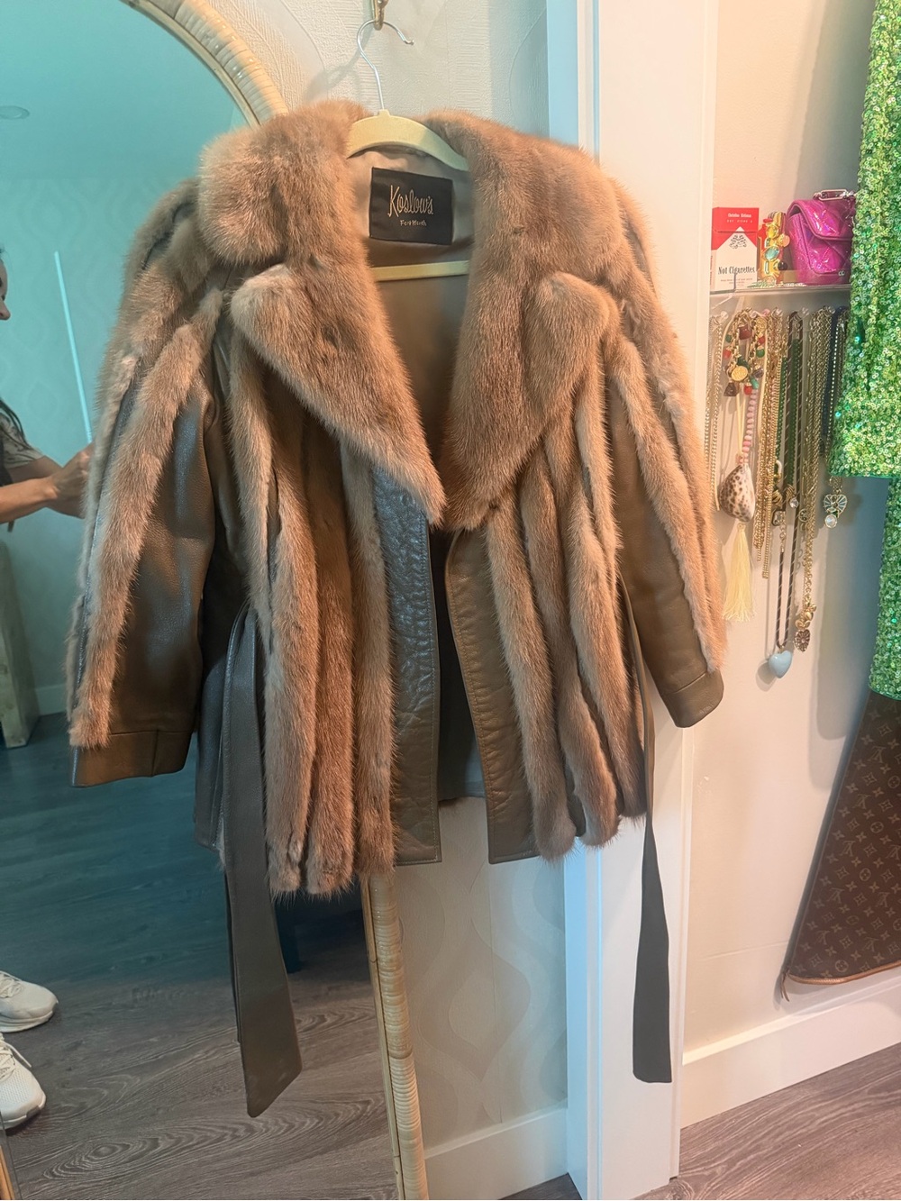 Vintage Brown Leather & Fur Panel Coat